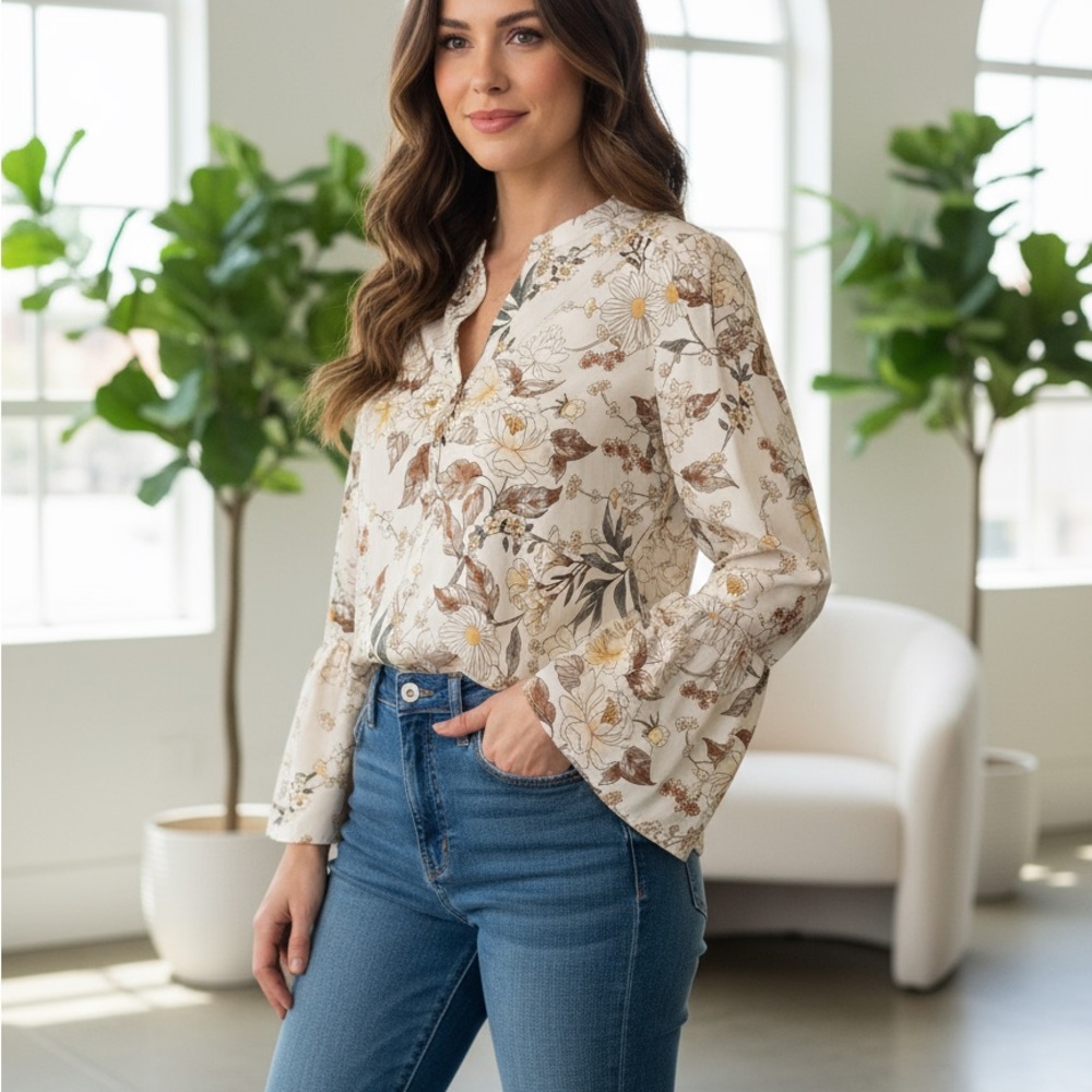 Carolina Belle Cream Bohemian Floral Print Women’s Blouse – Size Small Petite